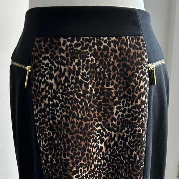 NWOT MICHAEL Michael Kors Black & Leopard Panel Midi Pencil Skirt – US 10 - Picture 1 of 9
